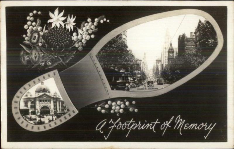 Melbourne Australia Collins St. Footprint Shoe Border Real Photo Postcard jrf