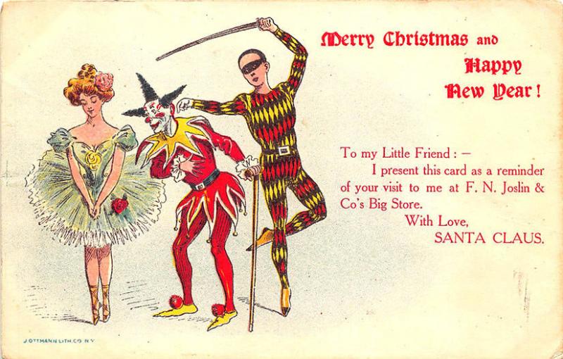 Clown With Beautiful Woman & Court Jester Merry Christmas Postcard