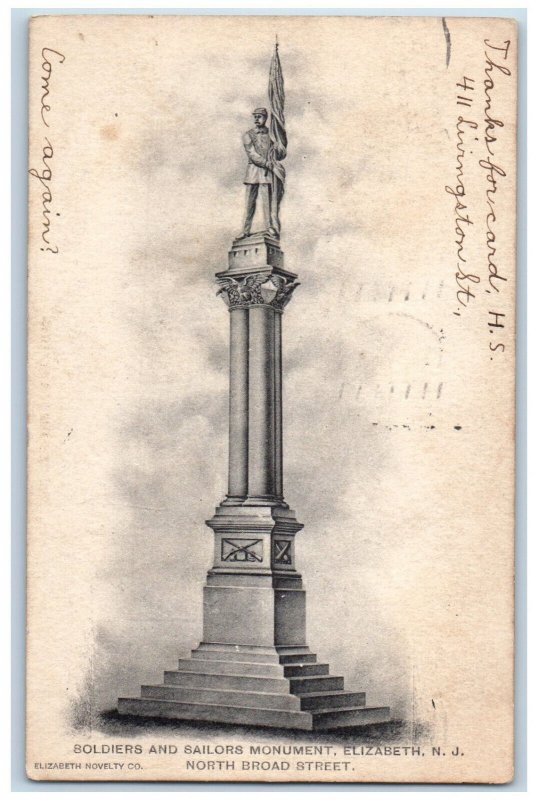 1906 Soldier And Sailors Monument Elizabeth New Jersey NJ Antique Postcard 