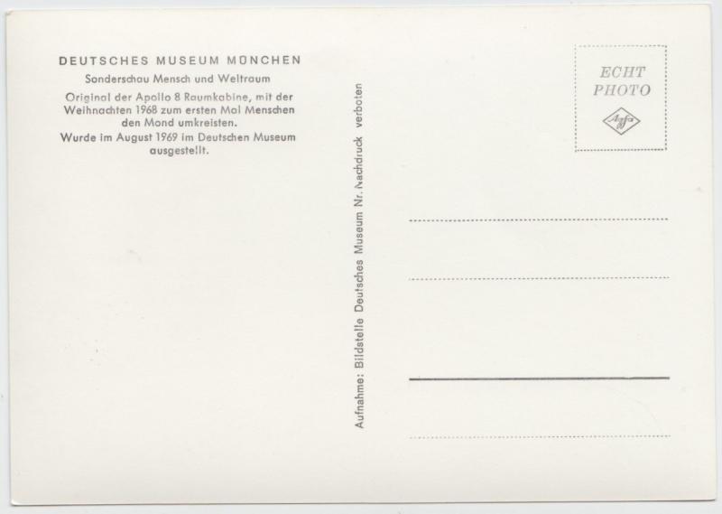 DEUTSCHES MUSEUM, MUENCHEN, Original der Apollo 8, unused Real Photo, Postcard