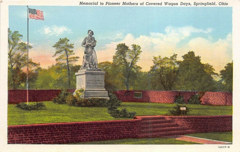 Springfield Ohio 1930s Postcard Memorial to Pioneer Mothers Covered Wagon Days