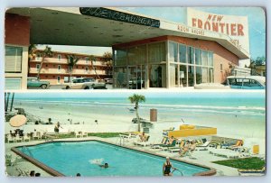 c1958 Daytona Beach Florida FL Postcard New Frontier Motel Pool Dual View Posted