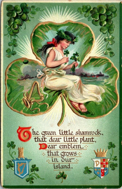 c 1909 Raphael Tuck Postcard St Patrick Pretty Woman Green Little Shamrock Harp