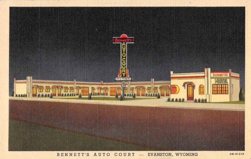 Evanston, WY BENNETT'S AUTO COURT Roadside Art Deco Night Neon Lincoln Highway