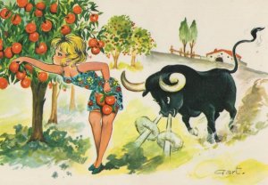 Mad Spanish Bull With Upskirt Lady Red Fruit Picking Comic Postcard