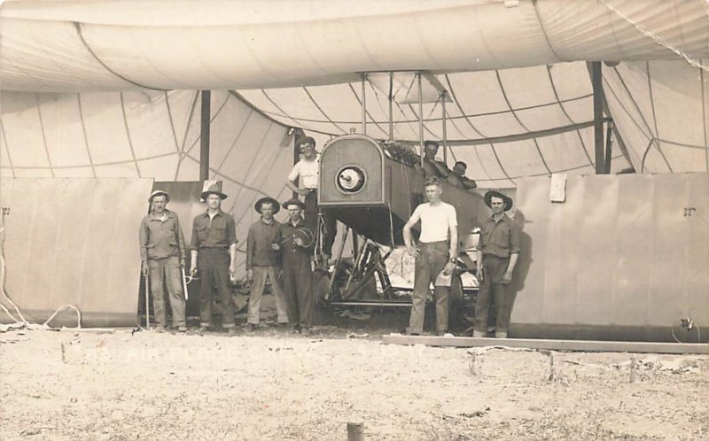 c1915 RPPC Airplane Men Maintenance Tent Hangar Wings Off Curtiss Jenny?  P467 