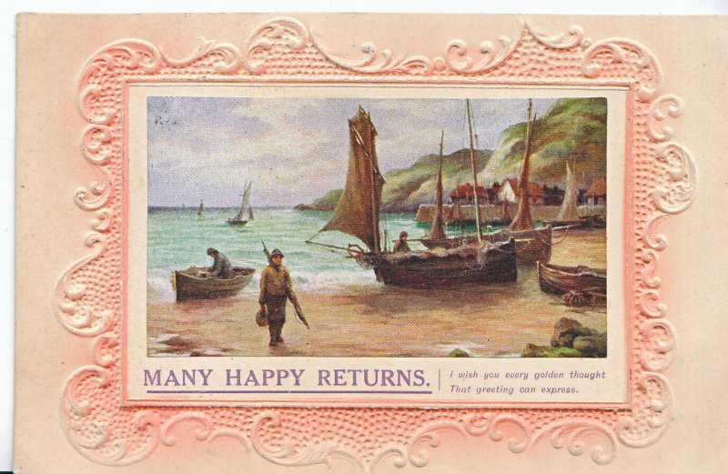 Greetings Postcard - Many Happy Returns - Showing Fishing Boats & Beach   MB1696 