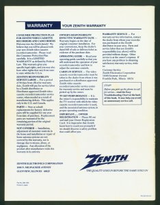 Zenith VHS VCR Vintage ©1989 Operating Guide And Warranty Book