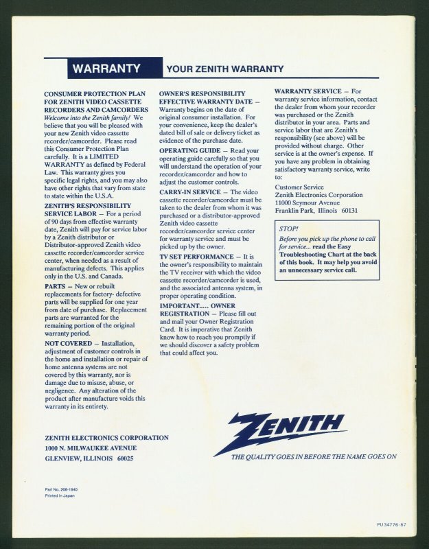 Zenith VHS VCR Vintage ©1989 Operating Guide And Warranty Book 