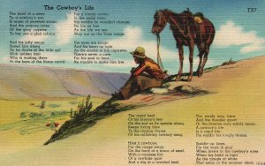 Vintage Postcard 1930's The Cowboy's Life Alone With His Horse Life Poem