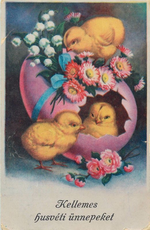 Easter greetings vintage Postcard chicken poultry lily of the valley bouquet