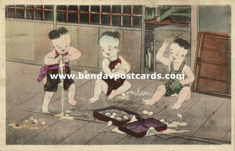 japan, Young Naughty Boys playing with Eggs (1910s) Y. Torii