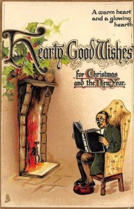 HEARTY GOOD WISHES Christmas New Year Greetings Fireplace 1913 Vintage Postcard