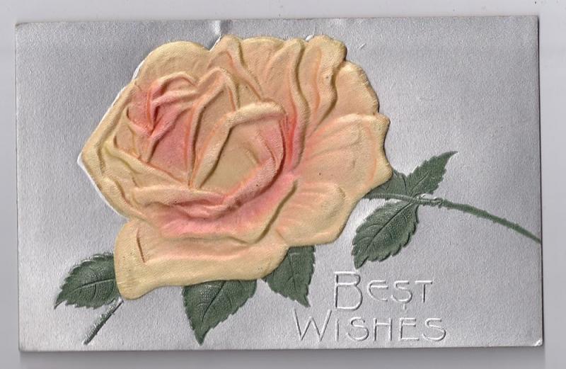 1909 Best Wishes Padded Silk Rose Postcard Silver