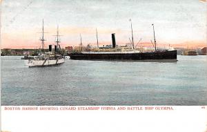 Boston Harbor showing Cunard Steamship Ivirnia and Battle Ship Olympia Ship U...