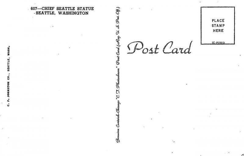 CHIEF SEATTLE STATUE Seattle, Washington Native American c1950s Vintage Postcard