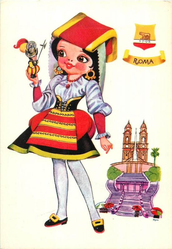 Costumi di Italia Italy folk costumes Roma Rome girl caricature artist postcard