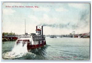 Oshkosh Wisconsin WI Postcard Scene Fox River Steamer Ship c1912 Vintage Antique