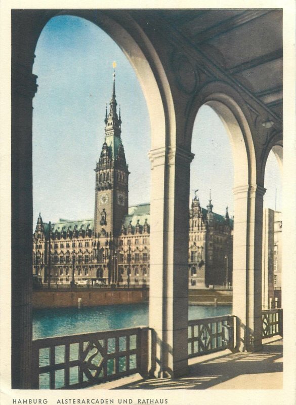 illustration Postcard Germany Hamburg Alster Arcades and Town Hall aspect