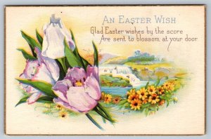 An Easter Wish, Flowers, Rural Scene, Rhyme, Vintage Greetings Postcard