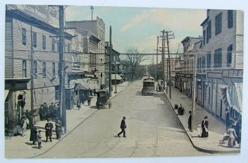 VINTAGE POSTCARD ELIZABETH NJ STREET SCENE TROLLEY railroad railway signs