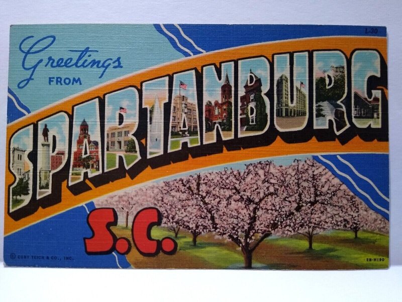 Greetings From Spartanburg South Carolina Large Letter Linen Postcard Curt Teich