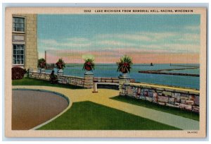 View Of Lake Michigan From Memorial Hall Racine Wisconsin WI Vintage Postcard 