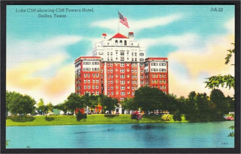 Dallas TX Cliff Towers Hotel and Lake Cliff 1950s Linen Postcard