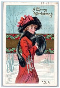 1912 Christmas Pretty Woman Big Hat Handwarmer Berries Baltimore MD Postcard