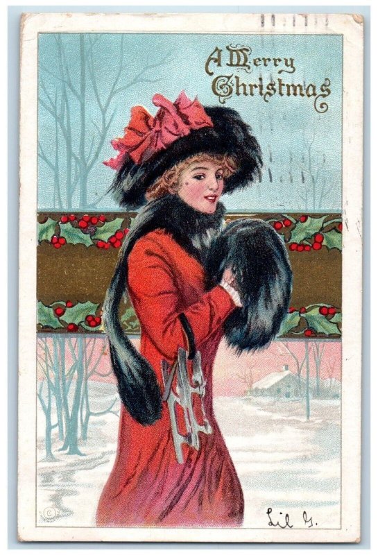 1912 Christmas Pretty Woman Big Hat Handwarmer Berries Baltimore MD Postcard