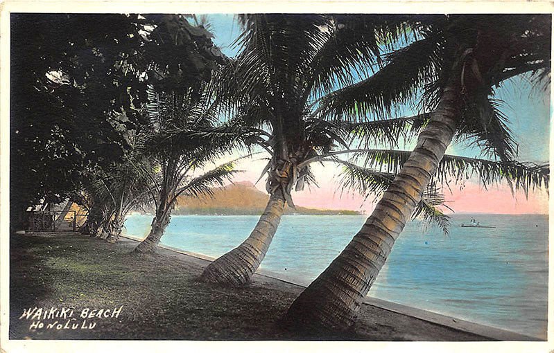 Honolulu HI  Waikiki Beach Tinted Real Photo RPPC Postcard