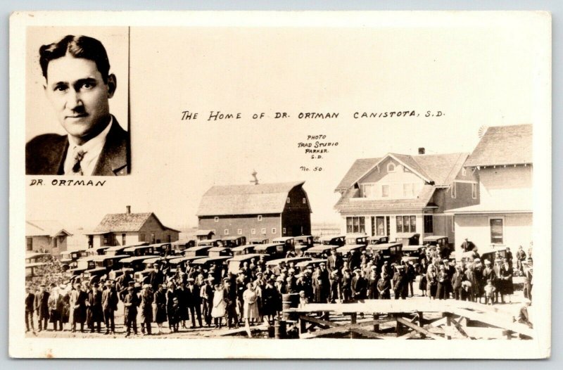 Canistota South Dakota~Dozens of Cars-People on Main Street~Dr Ortman~1930s RPPC 