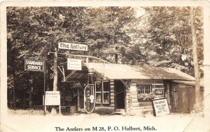 J3/ Hulbert Michigan RPPC Postcard c1930s Gas Station The Antlers Store 127