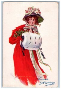 1907 Christmas Season Greetings Girl Handwarmer Twelvetrees Embossed Postcard 