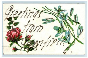 c1910s Greetings from Greenfield Glitter and Floral Unposted Postcard