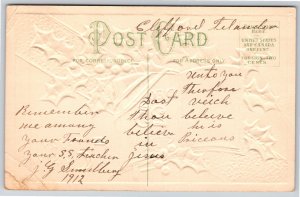 Christmas~Holly Sheep On Book & Greeting~Vintage Postcard