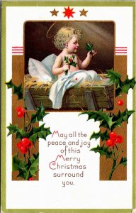 Baby Jesus Halo Manger Holly Berries Christmas Postcard 1912