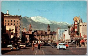 Colorado Springs Colorado 1959 Postcard Pikes Peak Avenue Ute Theatre Hotel