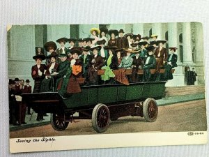 Vintage Postcard 1910's Woman and Men Seeing the Sights on a Wagon