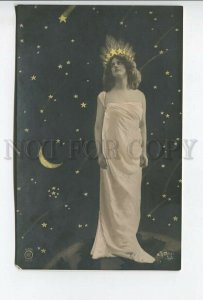 462410 GODDESS Night Witch in Stars MOON Vintage PHOTO postcard WAHLIN 1904 year