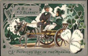 ST. PATRICK'S DAY Man & Woman in Donkey Cart Blarney c1910 Postcard