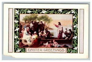 Vintage 1910's Easter Postcard Jesus Rowboat on the Shore White Flower Border