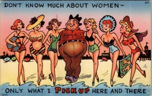 Fat Man With Sexy Girls in Swimsuits at Beach Comic Risque Postcard JH10