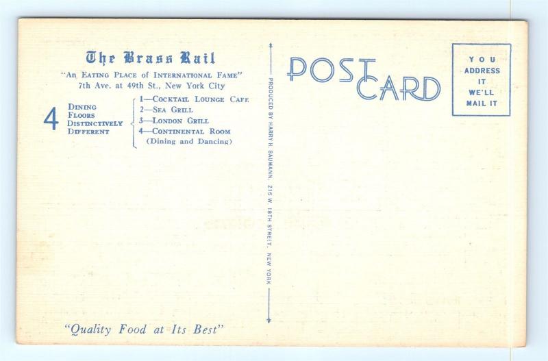 Postcard New York City The Brass Rail Restaurant English Meat Roasting Jack I7