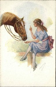 A/S Pretty Girl Feeds Sugar Cube to Horse c1910 Postcard