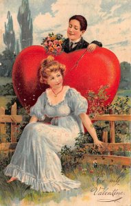 Valentine Greetings Romance Lady  and Man with Large Heart PFB Postcard AA32061