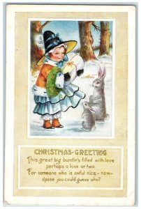 c1910's Christmas Greetings Girl With Gift Bunnies Rabbit Embossed Postcard