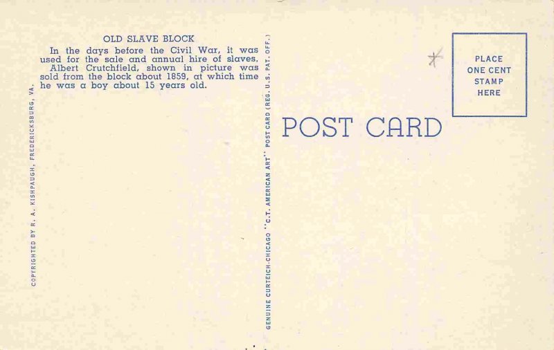 Old Slave Block Fredericksburg Virginia 1930s linen postcard