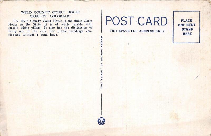 Colorado Co Postcard c1930 GREELEY Weld County Court House