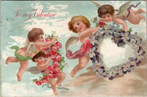 Valentines Chrubs in Clouds Pansy Heart 1911 Shreveport LA Embossed Postcard V7